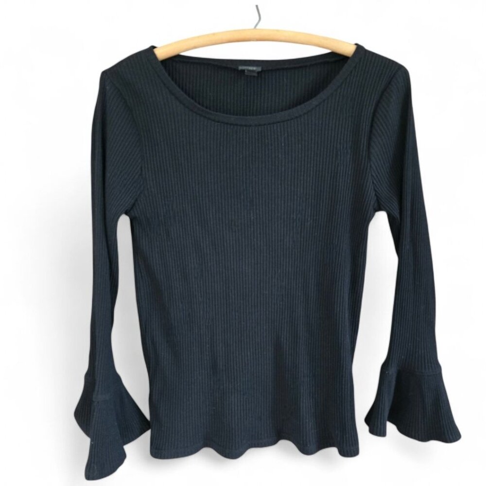 J.Crew Womens Medium Ribbed Knit Top With Ruffle Sleeves Black